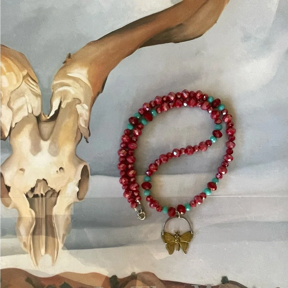 Faceted Crystal Bead Necklace Vintage 70’s Butterfly Moth Pendant
